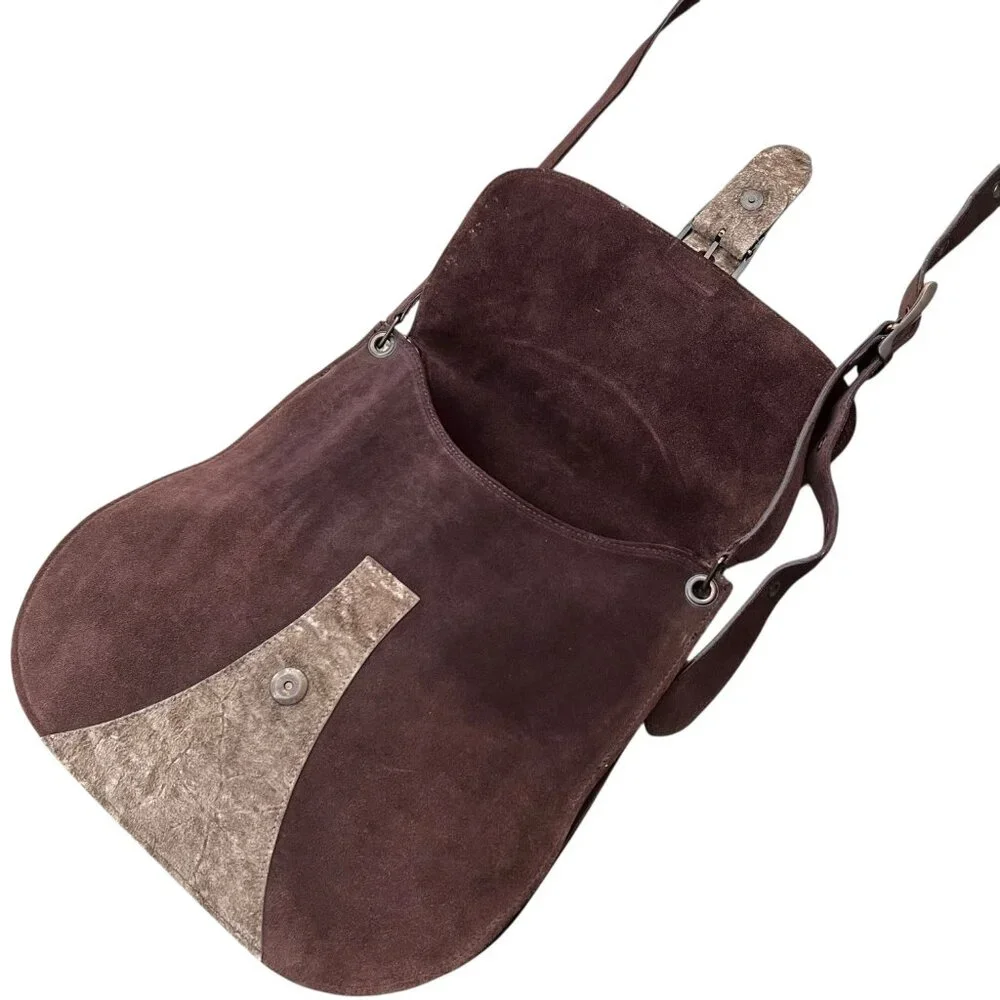 Patrizia Pepe Suede Leather Flap Buckle Crossbody Satchel Brown‎ Western Boho
